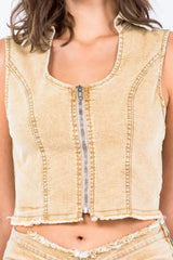 American Bazi Zip Up Washed Crop Denim Vest - Wellen Fashion