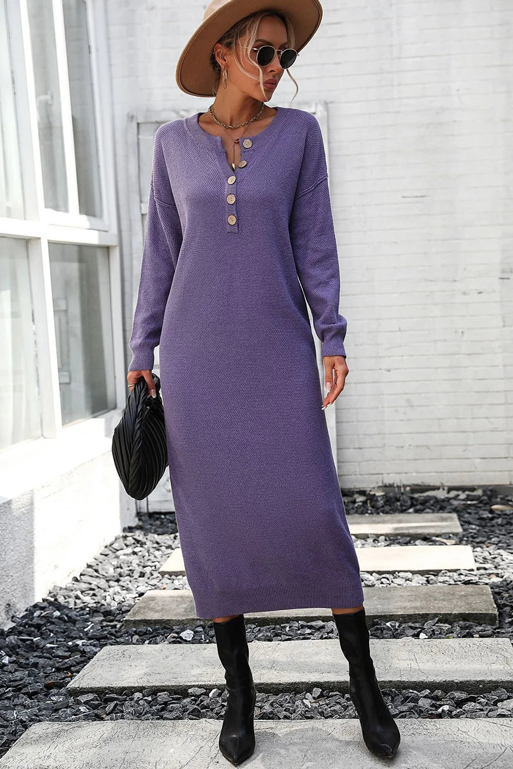 Decorative Button Notched Dropped Shoulder Sweater Dress - Wellen Fashion