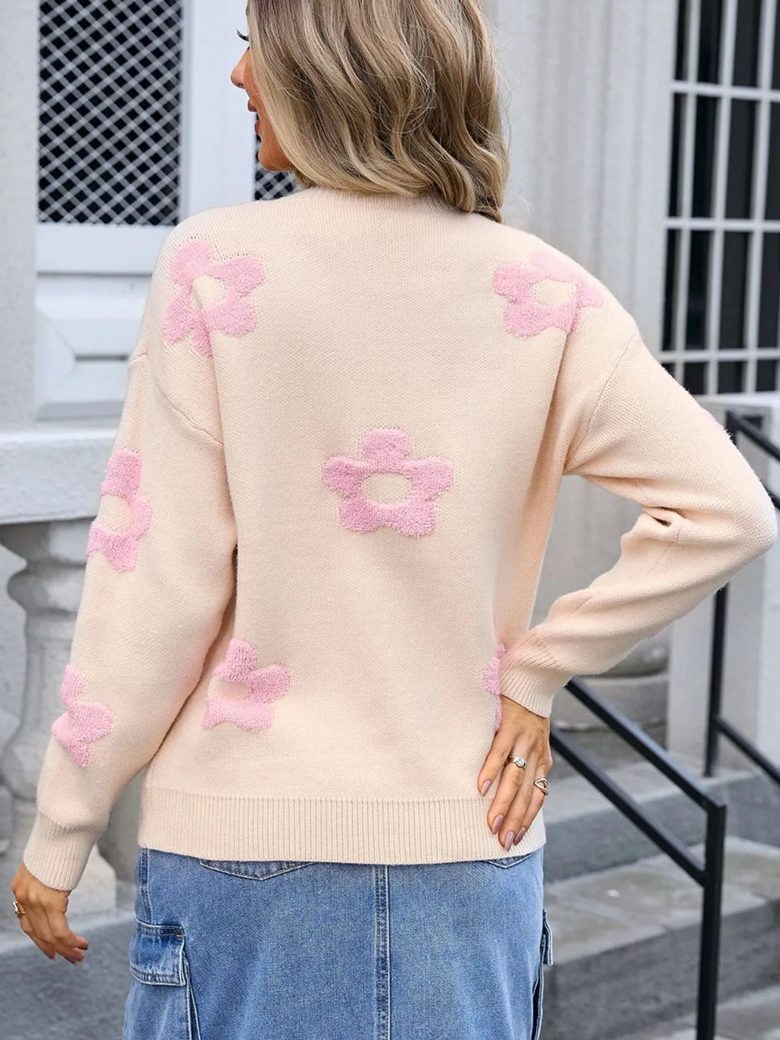 Flower Round Neck Long Sleeve Sweater - Wellen Fashion