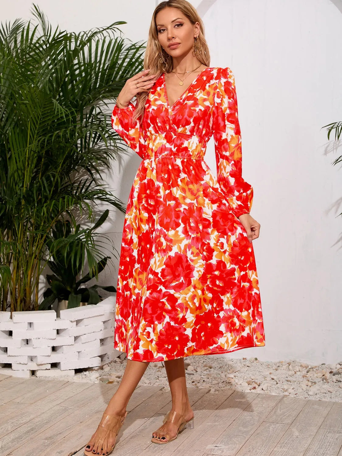 Printed Surplice Long Sleeve Midi Dress - Wellen Fashion