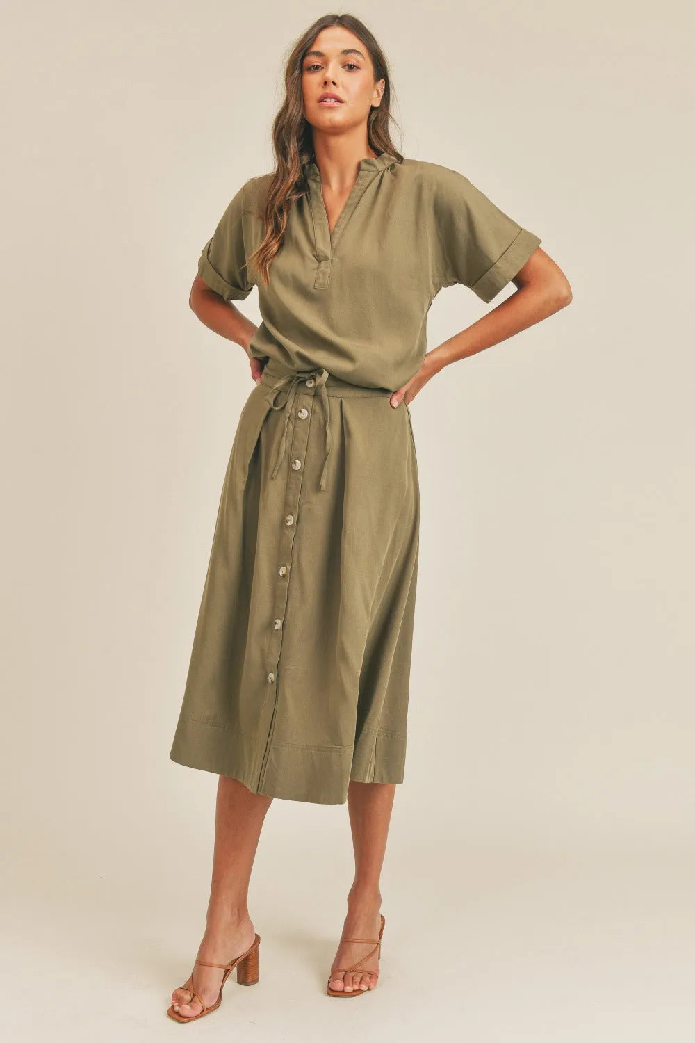 MABLE Short Sleeve Top and Button Down Midi Skirt Set - Wellen Fashion