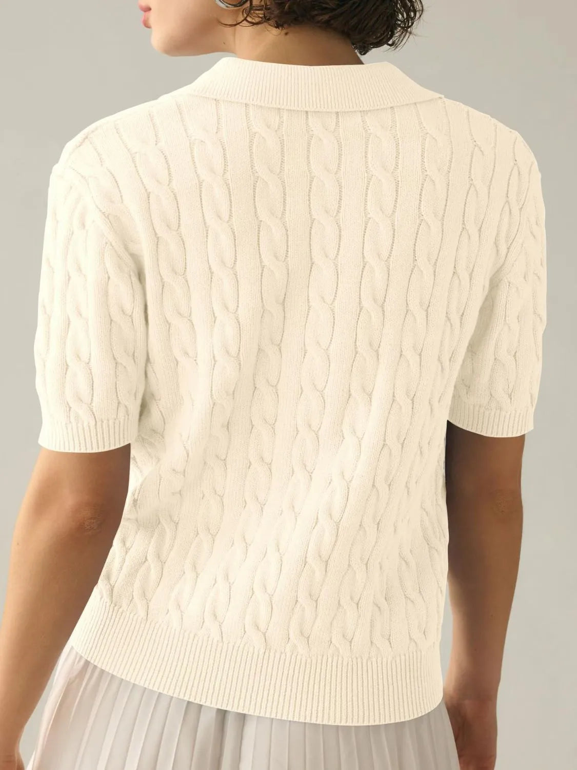 Cable-Knit Collared Neck Half Sleeve Sweater - Wellen Fashion