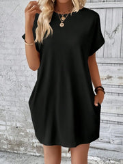 Pocketed Round Neck Short Sleeve Dress - Wellen Fashion