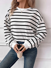 Lovelet Striped Round Neck Long Sleeve Sweatshirt - Wellen Fashion