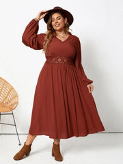 Plus Size Lace Detail V-Neck Balloon Sleeve Dress - Wellen Fashion