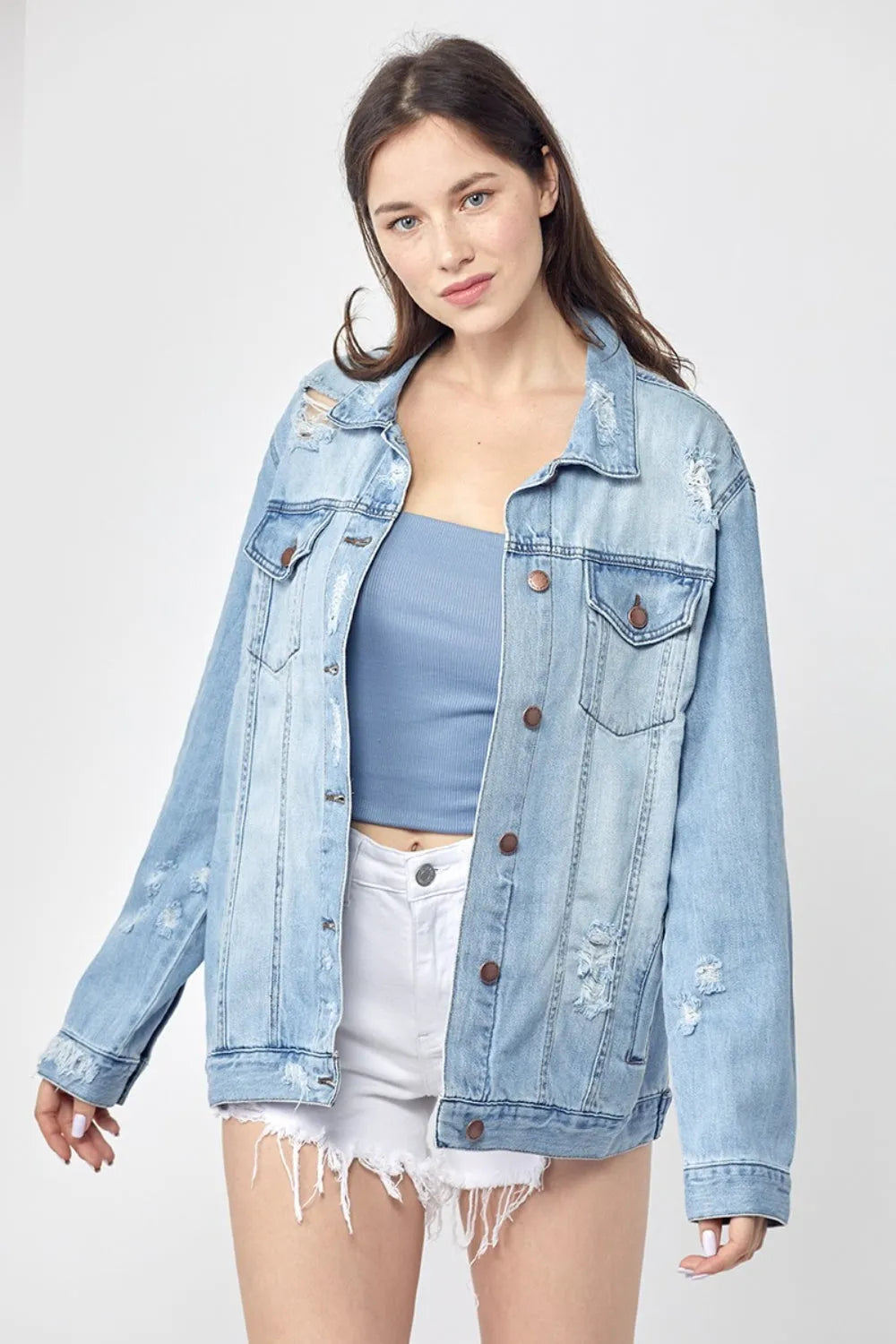 RISEN Full Size Distressed Long Sleeve Denim Jacket - Wellen Fashion