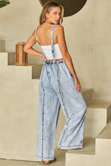 Square Neck Wide Strap Denim Overalls - Wellen Fashion