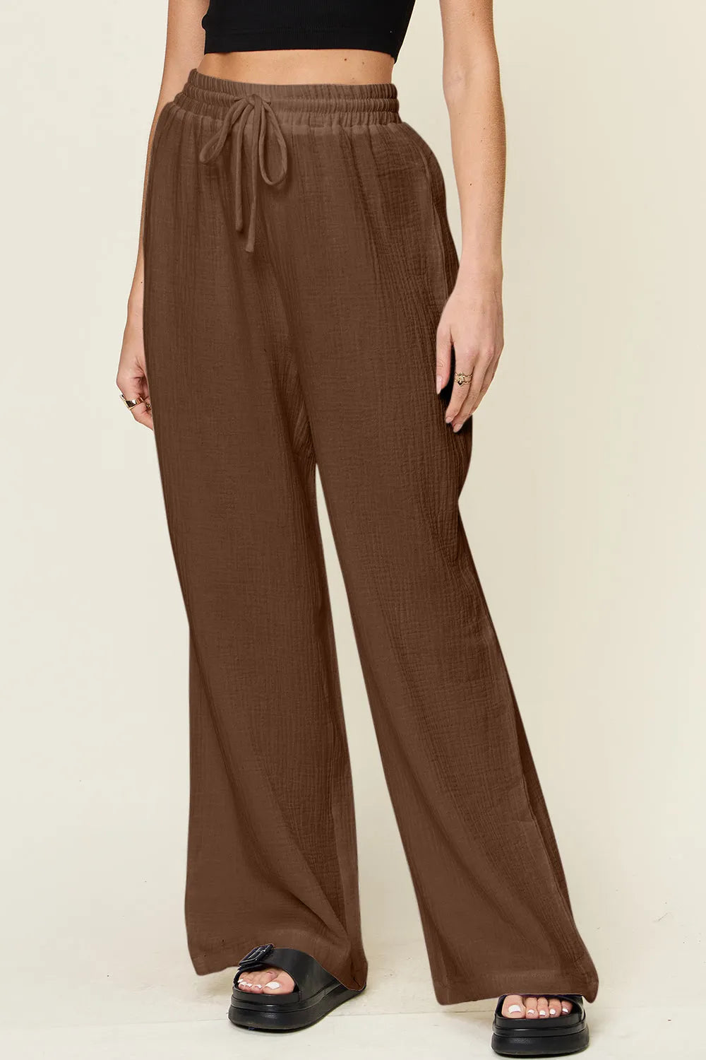 Double Take Full Size Texture Drawstring Wide Leg Pants - Wellen Fashion