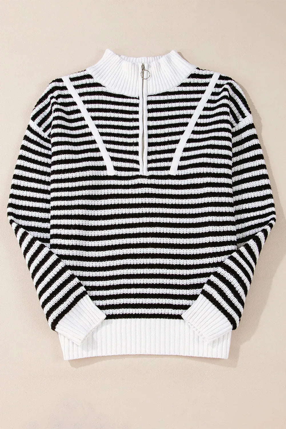 Striped Half Zip Long Sleeve Sweater - Wellen Fashion