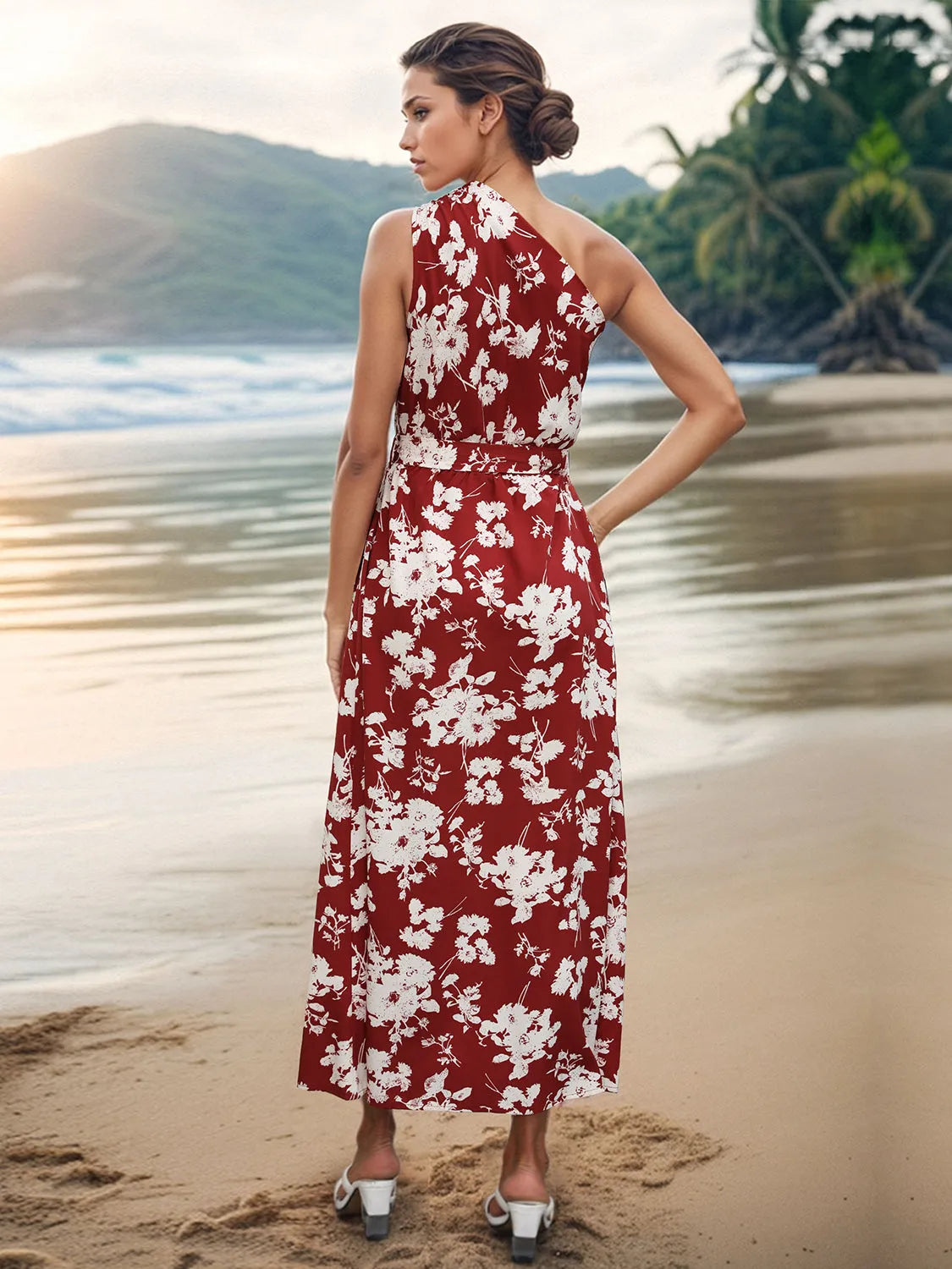 Printed Single Shoulder Sleeveless Dress - Wellen Fashion