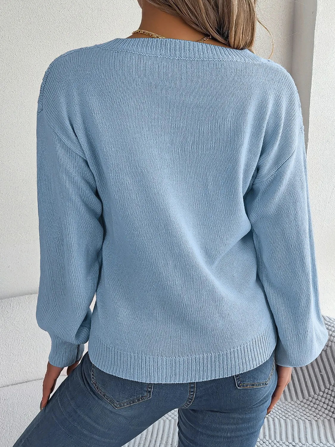 Cable-Knit V-Neck Lantern Sleeve Sweater - Wellen Fashion