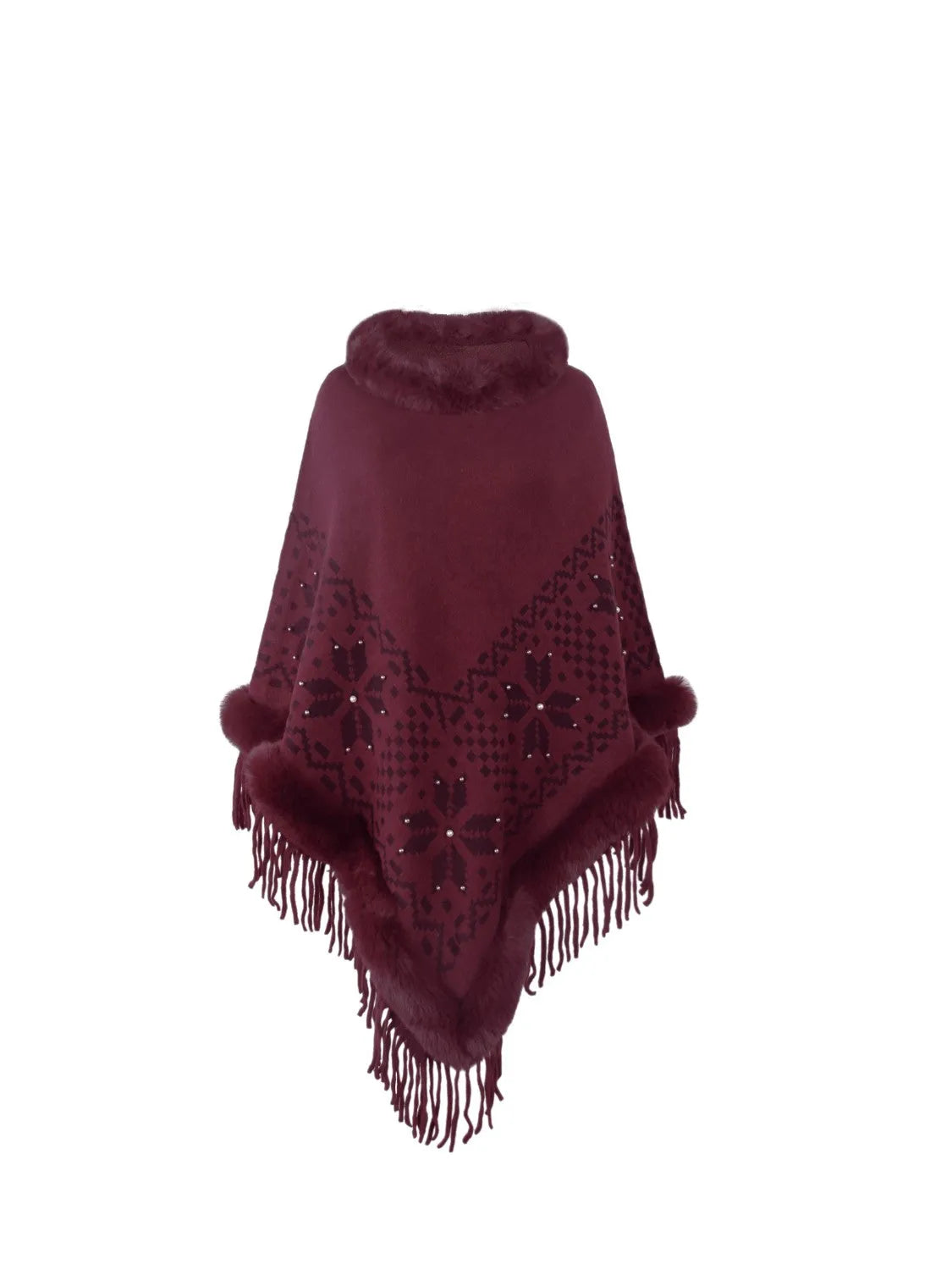 Fringe Geometric Cape Sleeve Poncho - Wellen Fashion