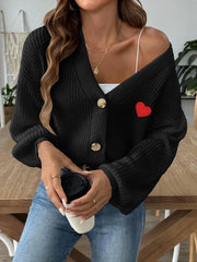 Heart Button Down V-Neck Long Sleeve Cardigan - Wellen Fashion