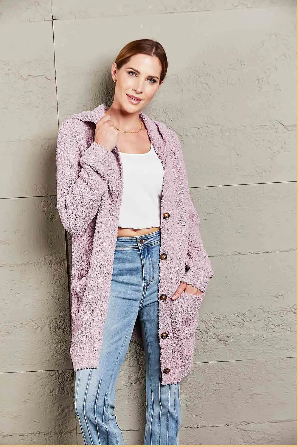 Double Take Popcorn-Knit Long Sleeve Hooded Cardigan - Wellen Fashion