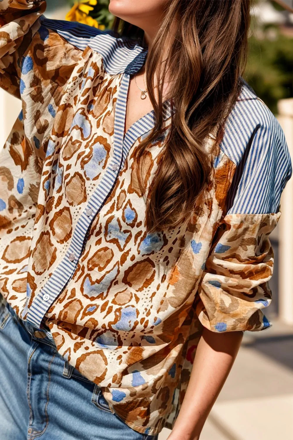 Printed Notched Long Sleeve Shirt - Wellen Fashion