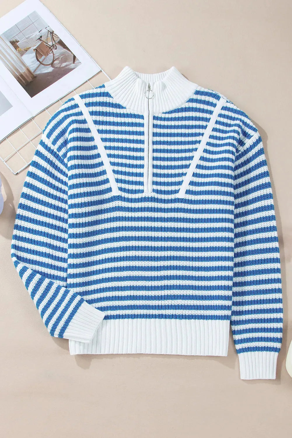 Striped Half Zip Long Sleeve Sweater - Wellen Fashion