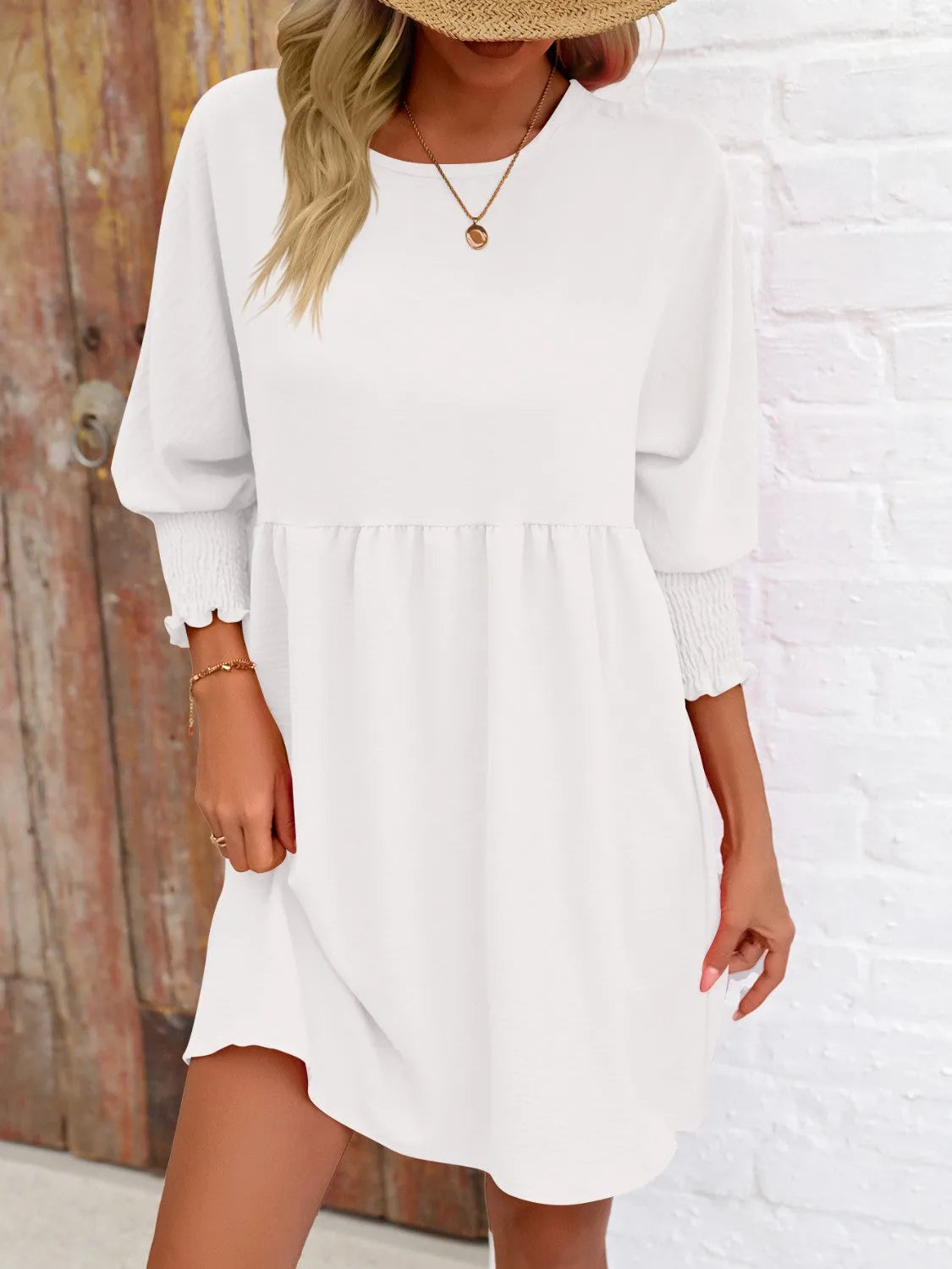 Round Neck Lantern Sleeve Mini Dress - Wellen Fashion