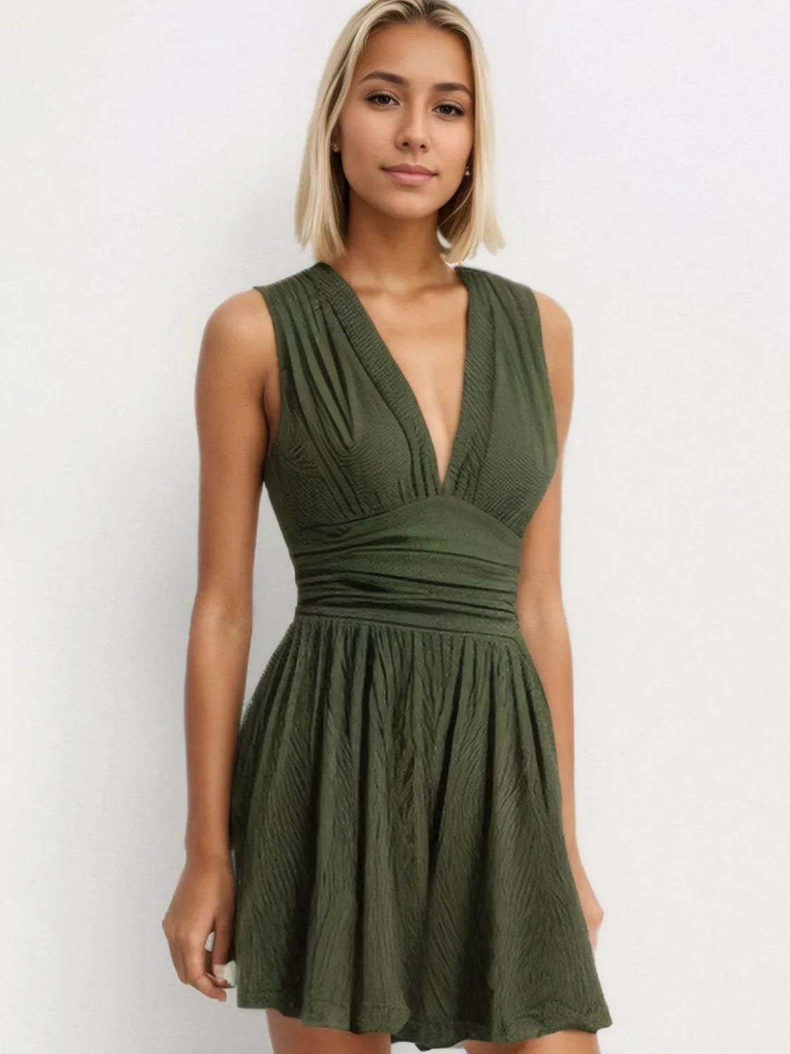 Ruched Plunge Sleeveless Romper - Wellen Fashion