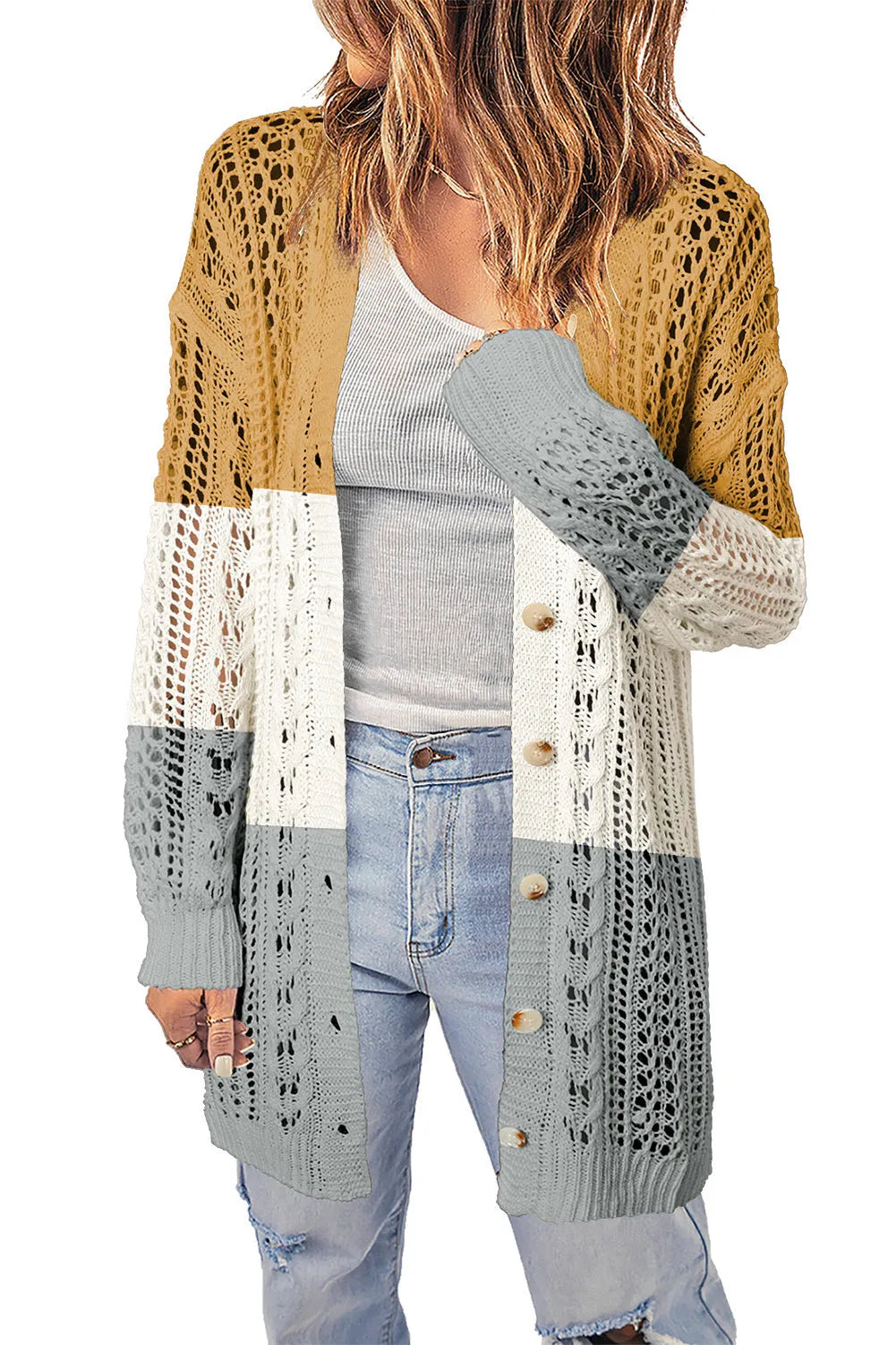 Double Take Openwork Ribbed Cuff Longline Cardigan - Wellen Fashion