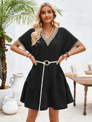 Ruffled V-Neck Half Sleeve Mini Dress - Wellen Fashion