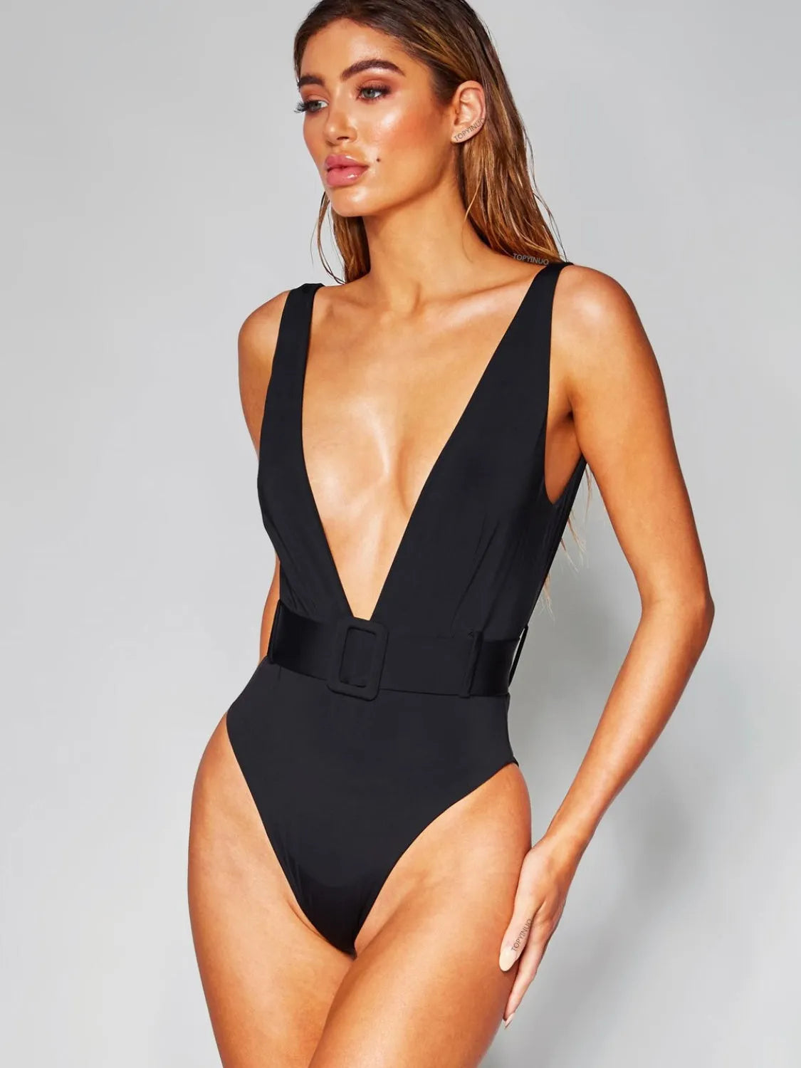 Plunge Wide Strap Sleeveless One-Piece Swimwear - Wellen Fashion