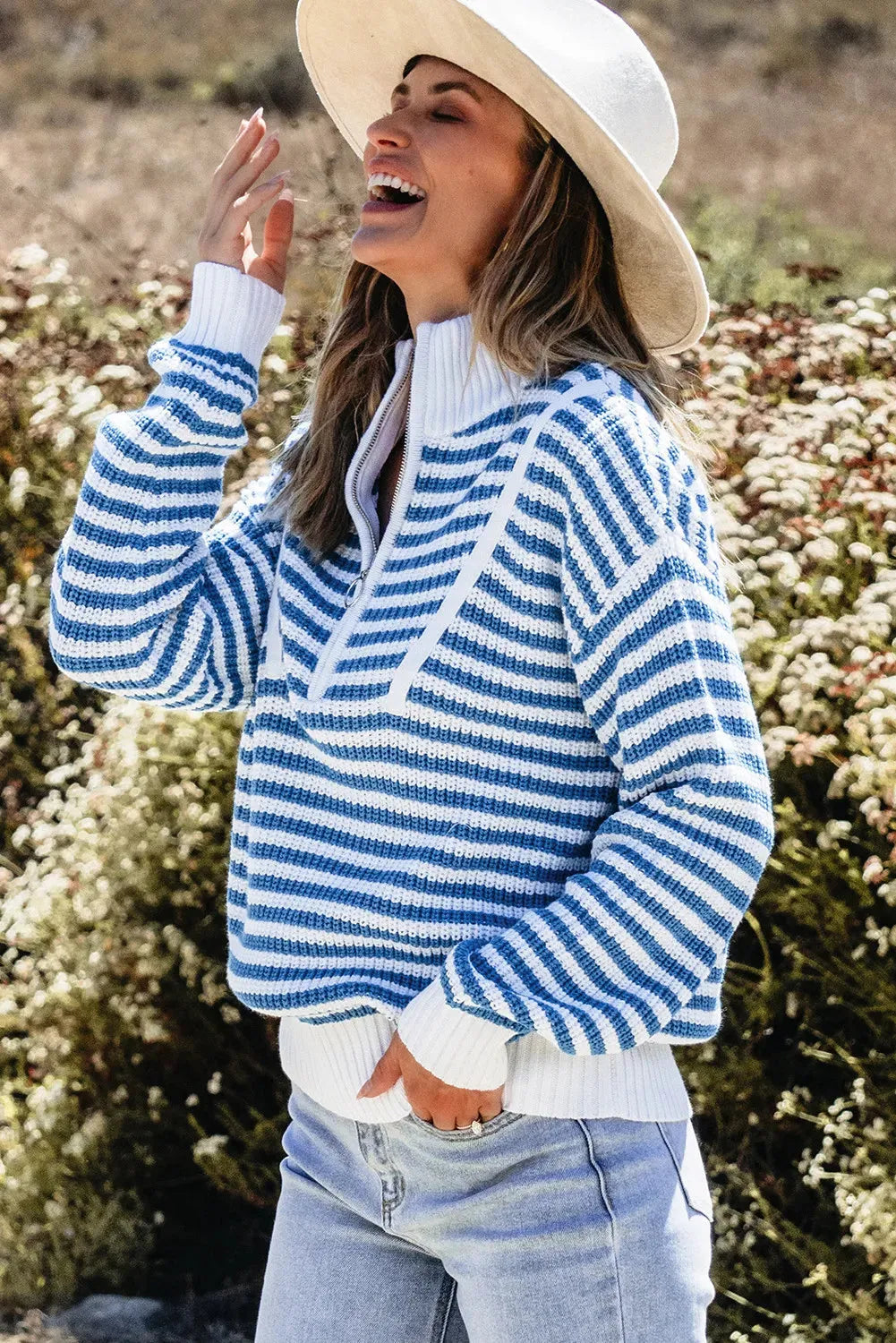 Striped Half Zip Long Sleeve Sweater - Wellen Fashion