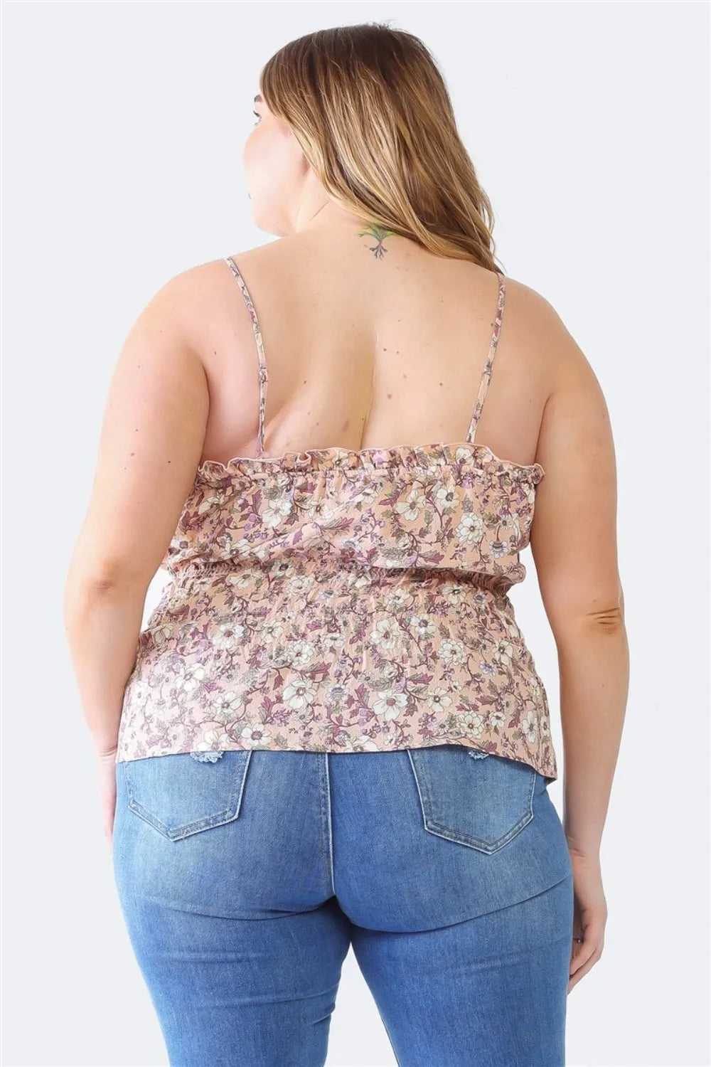 Zenobia Plus Size Frill Floral Square Neck Cami - Wellen Fashion