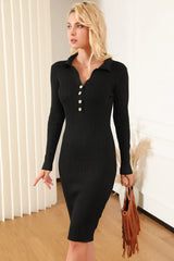 Half Button Collared Neck Sweater Dress - Wellen Fashion