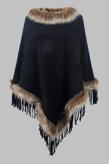 Faux Fur Trim Fringed Poncho - Wellen Fashion