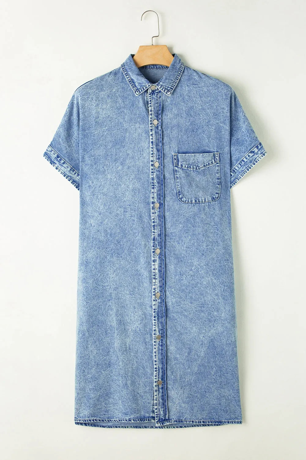 Pocketed Button Up Half Sleeve Denim Dress - Wellen Fashion