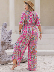 Plus Size Printed Half Sleeve Wide Leg Jumpsuit - Wellen Fashion