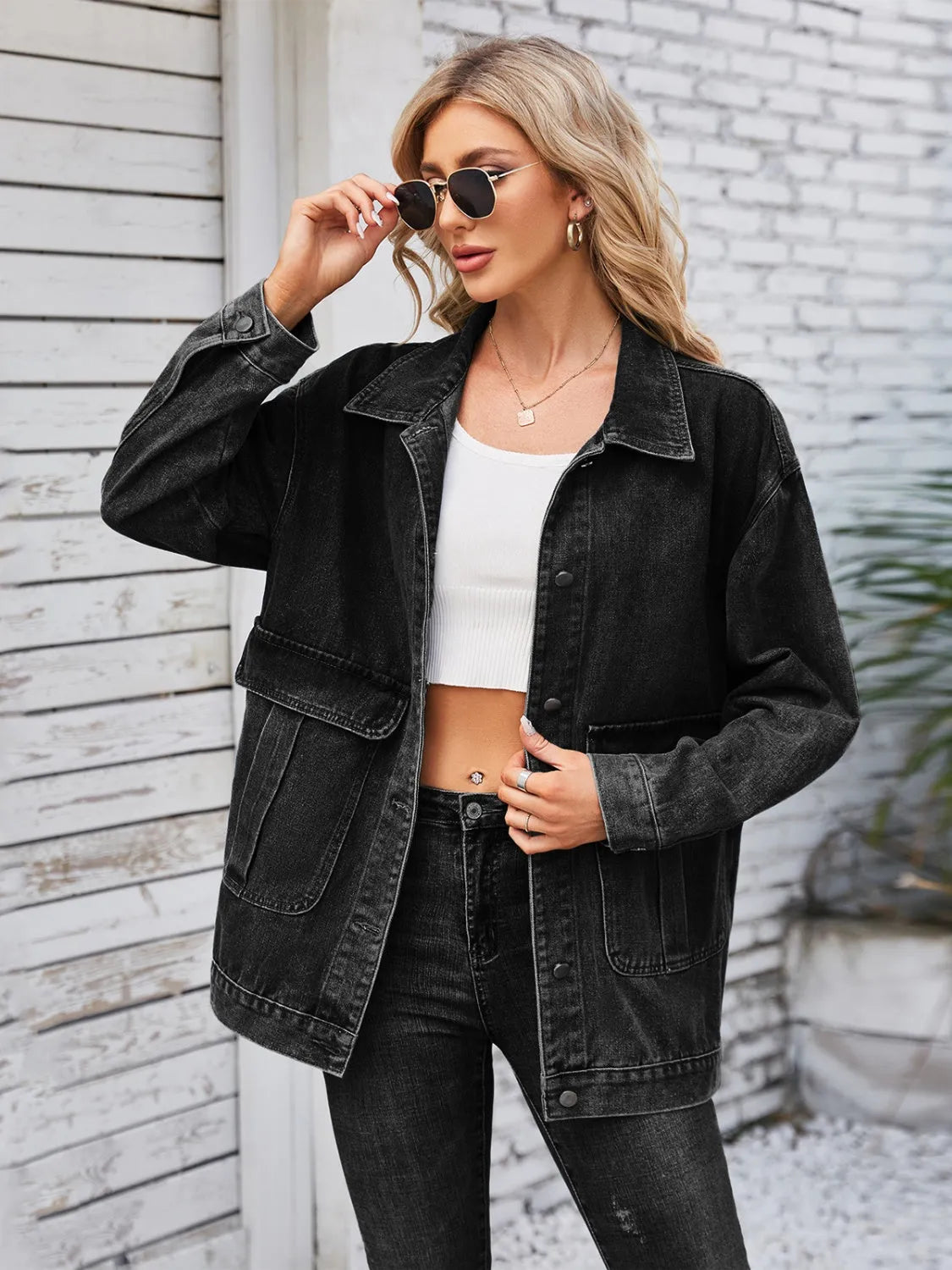 Button Up Long Sleeve Denim Jacket - Wellen Fashion