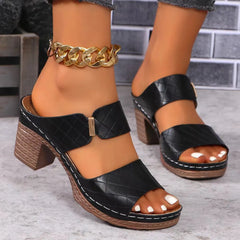 PU Leather Block Heel Sandals - Wellen Fashion