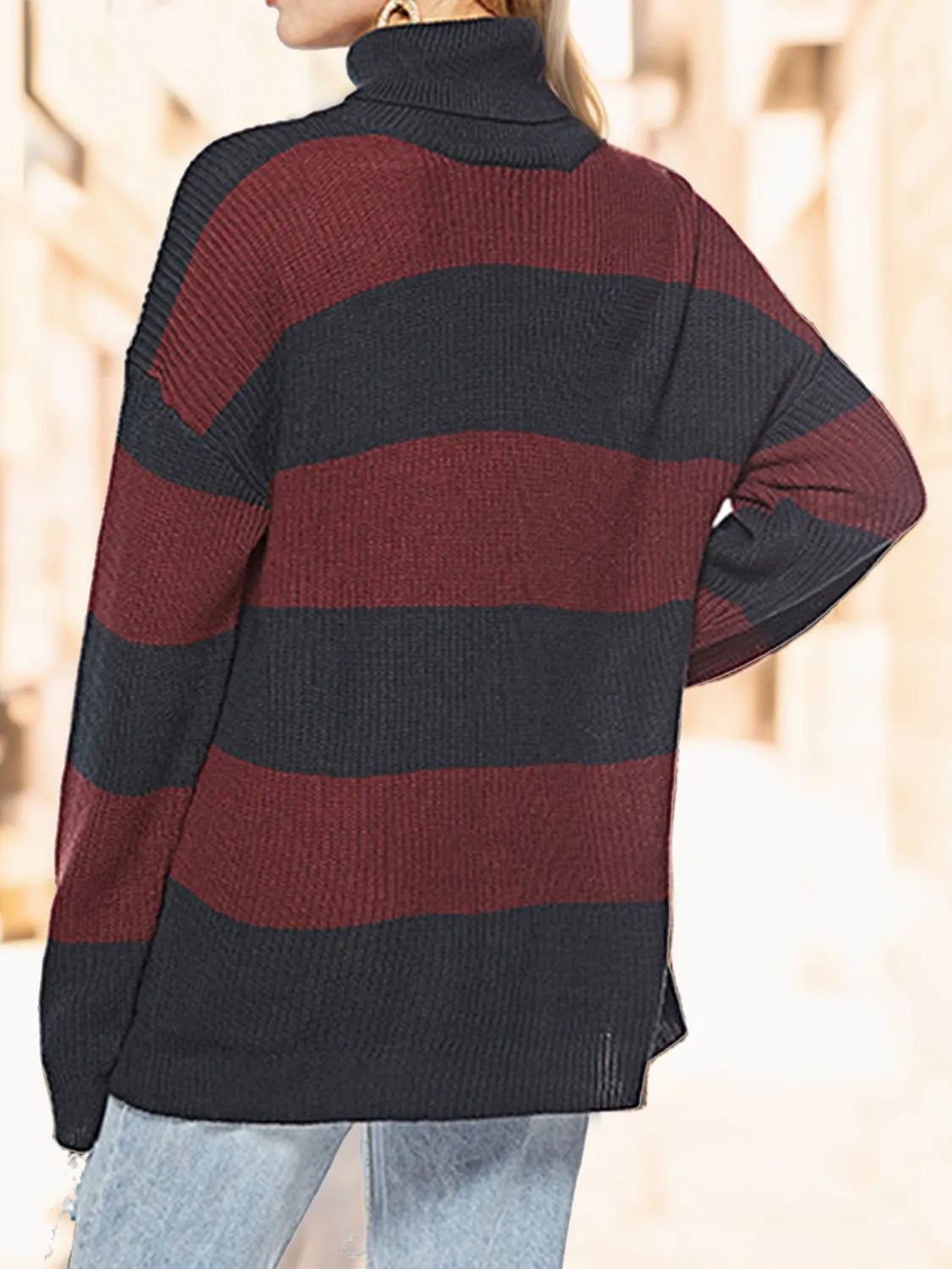 Striped Turtleneck Long Sleeve Sweater - Wellen Fashion