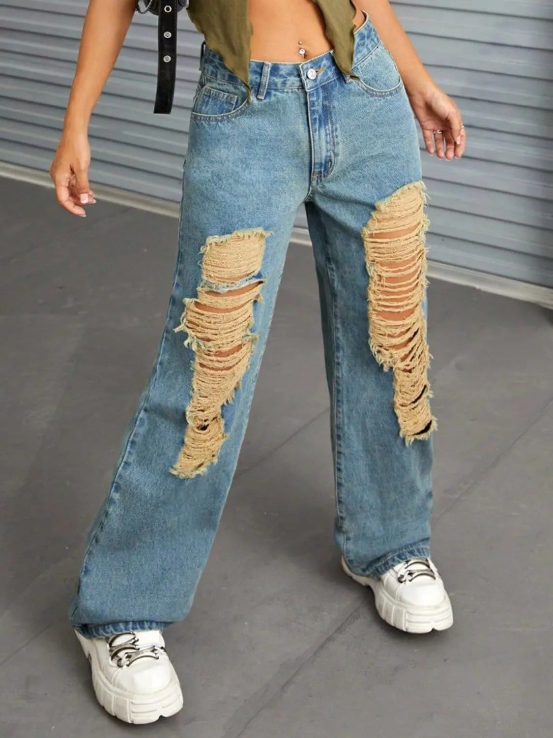 Distressed Wide Leg Jeans with Pockets - Wellen Fashion