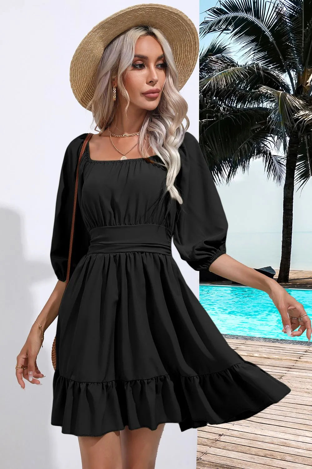 Square Neck Tie Back Ruffle Hem Dress - Wellen Fashion