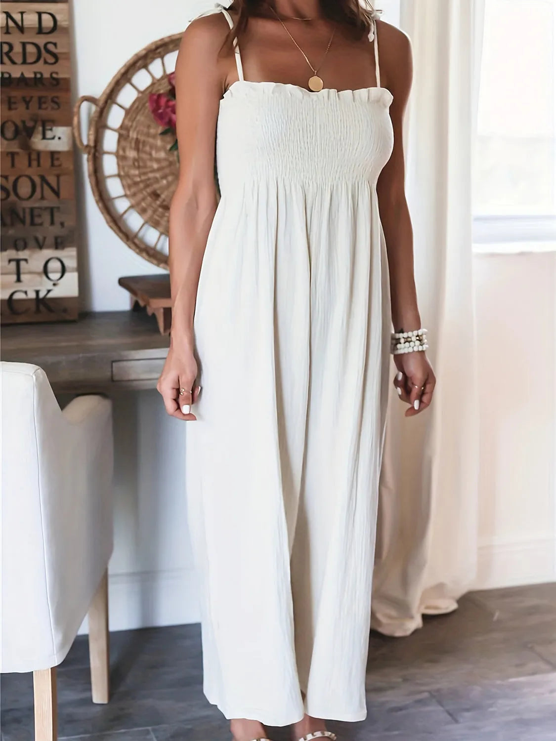 Full Size Smocked Spaghetti Strap Wide Leg Jumpsuit - Wellen Fashion