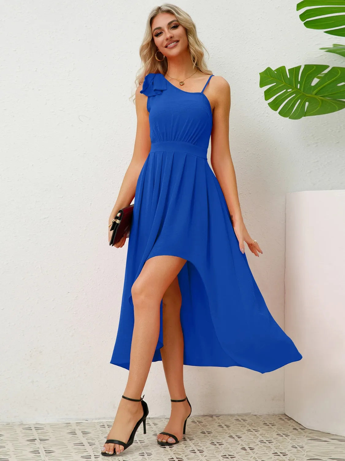 Bow Asymmetrical Neck Sleeveless Dress - Wellen Fashion