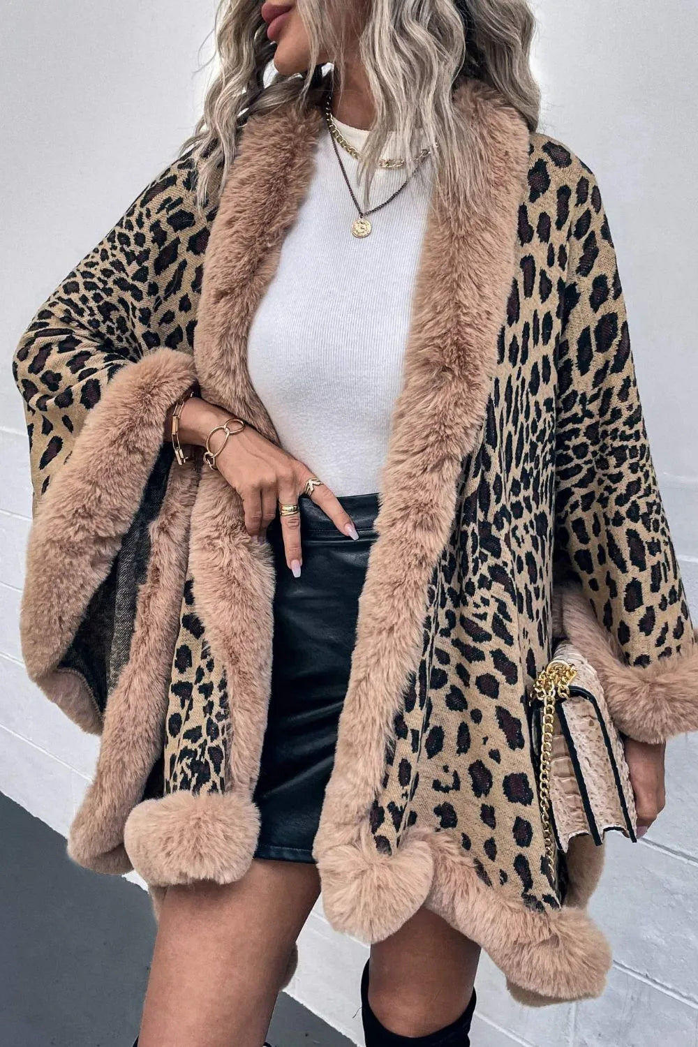 Leopard Open Front Poncho - Wellen Fashion