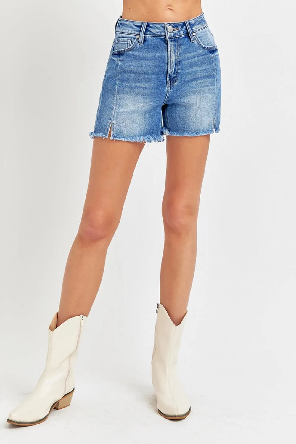 RISEN Front Slit Raw Hem Denim Shorts - Wellen Fashion