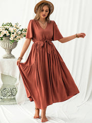 Plus Size V-Neck Flutter Sleeve Midi Dress - Wellen Fashion