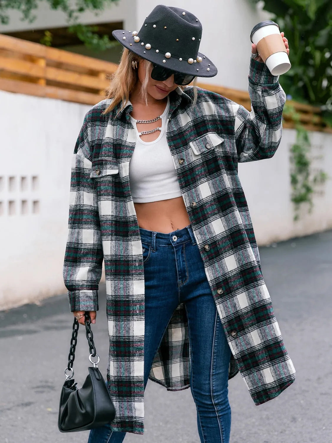 Plaid Button Up Long Sleeve Shacket - Wellen Fashion