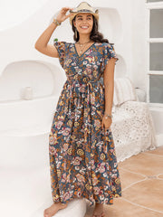 Plus Size Ruffled Printed Cap Sleeve Dress - Wellen Fashion