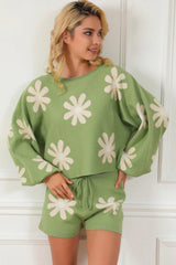 Flower Pattern Long Sleeve Sweater and Drawstring Shorts Set - Wellen Fashion