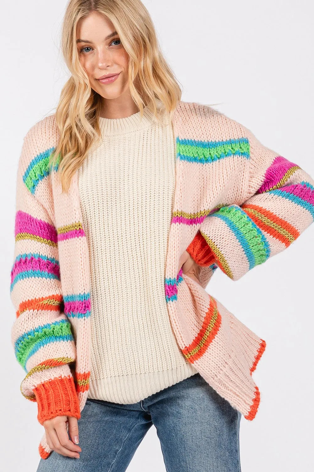 SAGE + FIG Rainbow Striped Open Front Knit Cardigan - Wellen Fashion