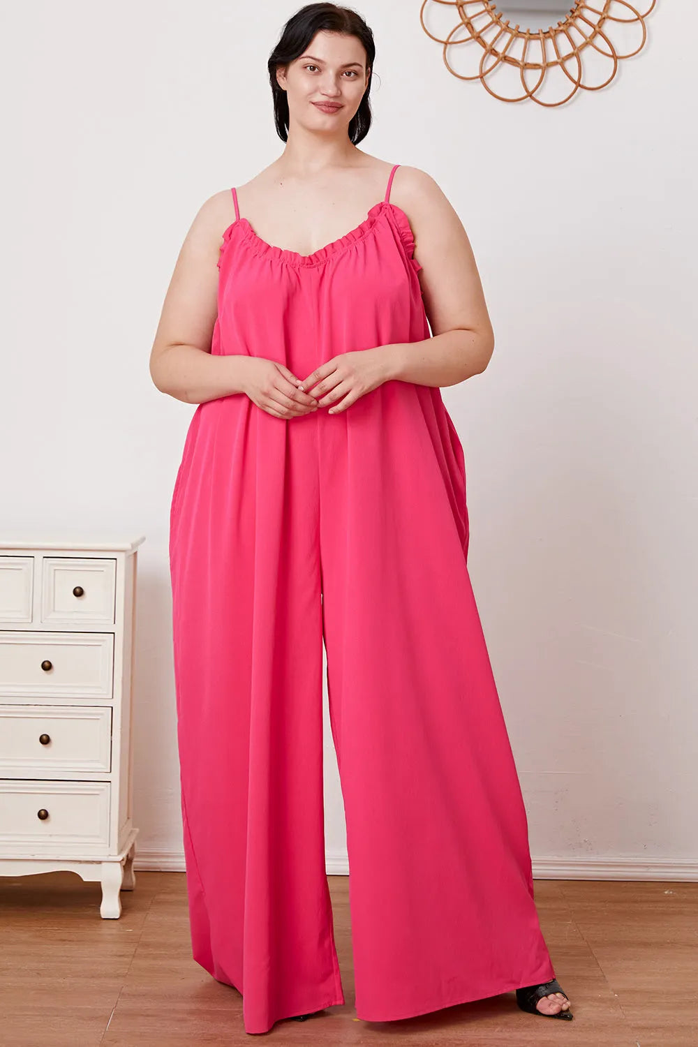 Double Take Full Size Ruffle Trim Tie Back Cami Jumpsuit with Pockets - Wellen Fashion