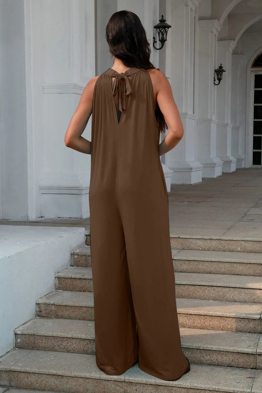 Double Take Full Size Tie Back Cutout Sleeveless Jumpsuit - Wellen Fashion