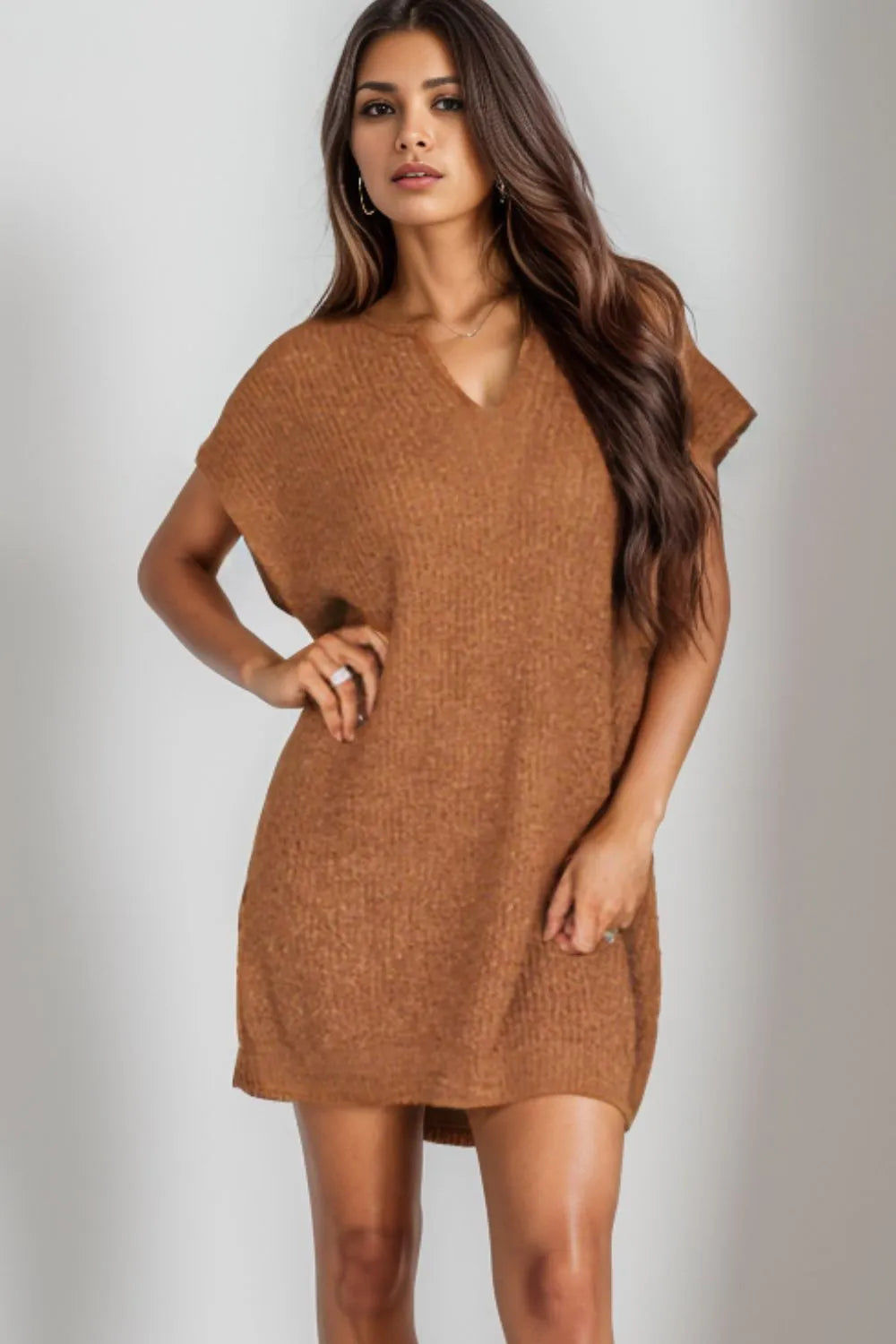 Notched Cap Sleeve Mini Sweater Dress - Wellen Fashion