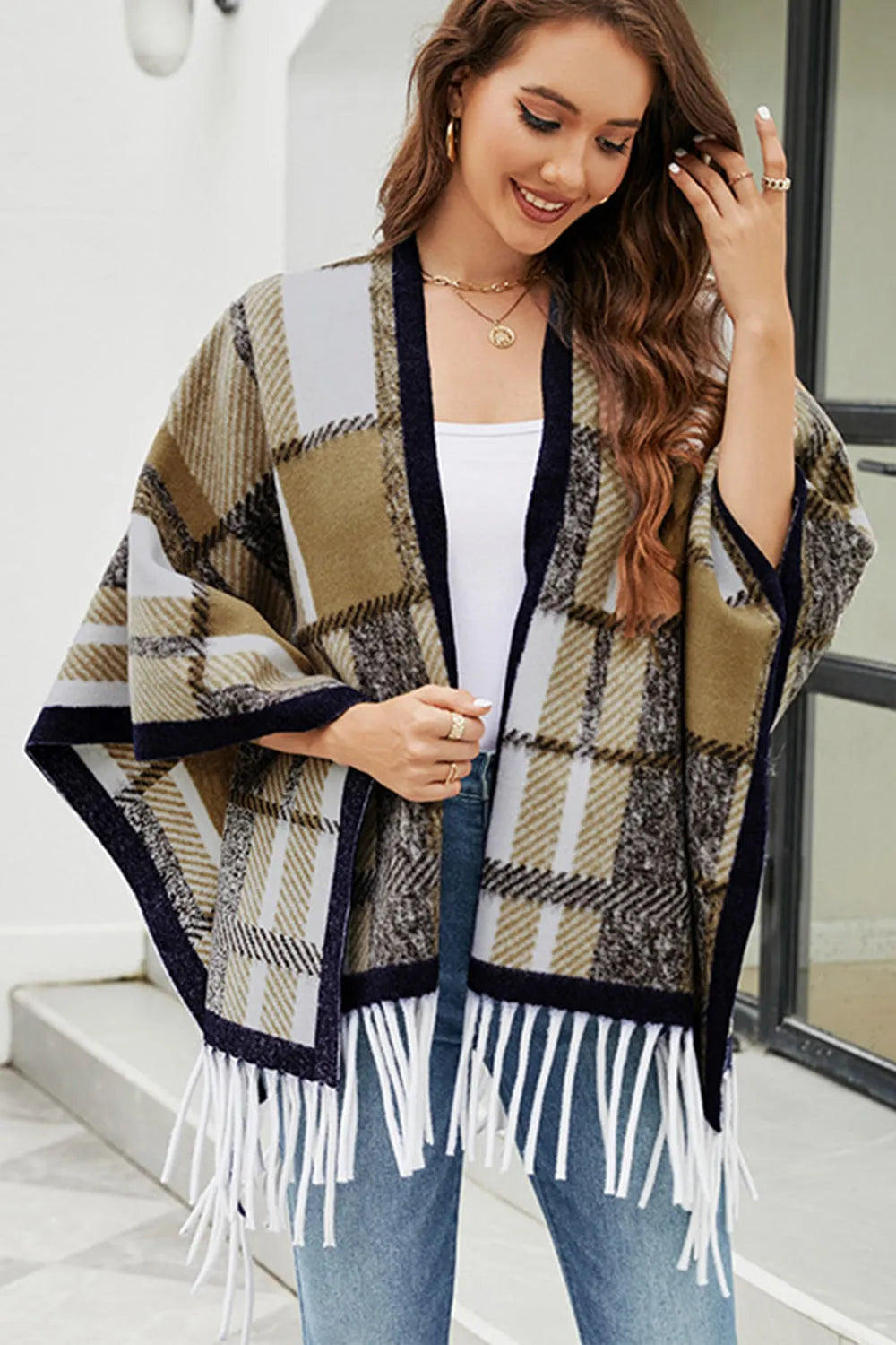 Cloak Sleeve Fringe Detail Poncho - Wellen Fashion