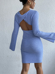 Backless Round Neck Long Sleeve Sweater Dress - Wellen Fashion